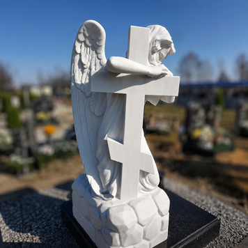 Angel of Remembrance Sculpture with Cross in White Sivec Marble